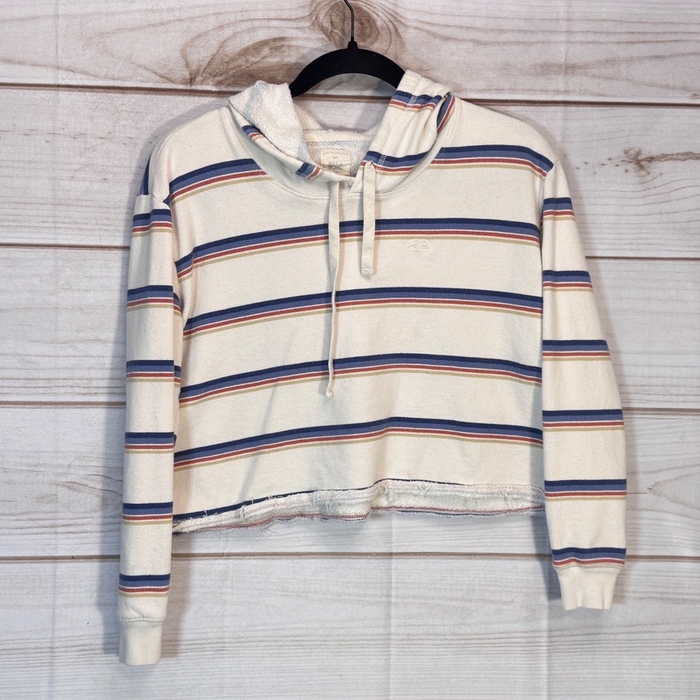 Billabong Cropped Hoodie Women Size Medium Cream Striped Raw Hem Pullover